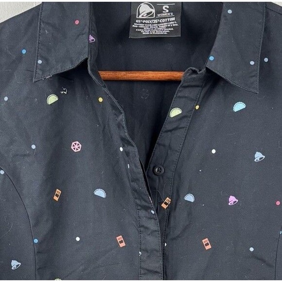 Taco Bell Shirt Women's Small Black Hot Sauce Tacos Print Button Up Long Sleeve - Picture 3 of 8